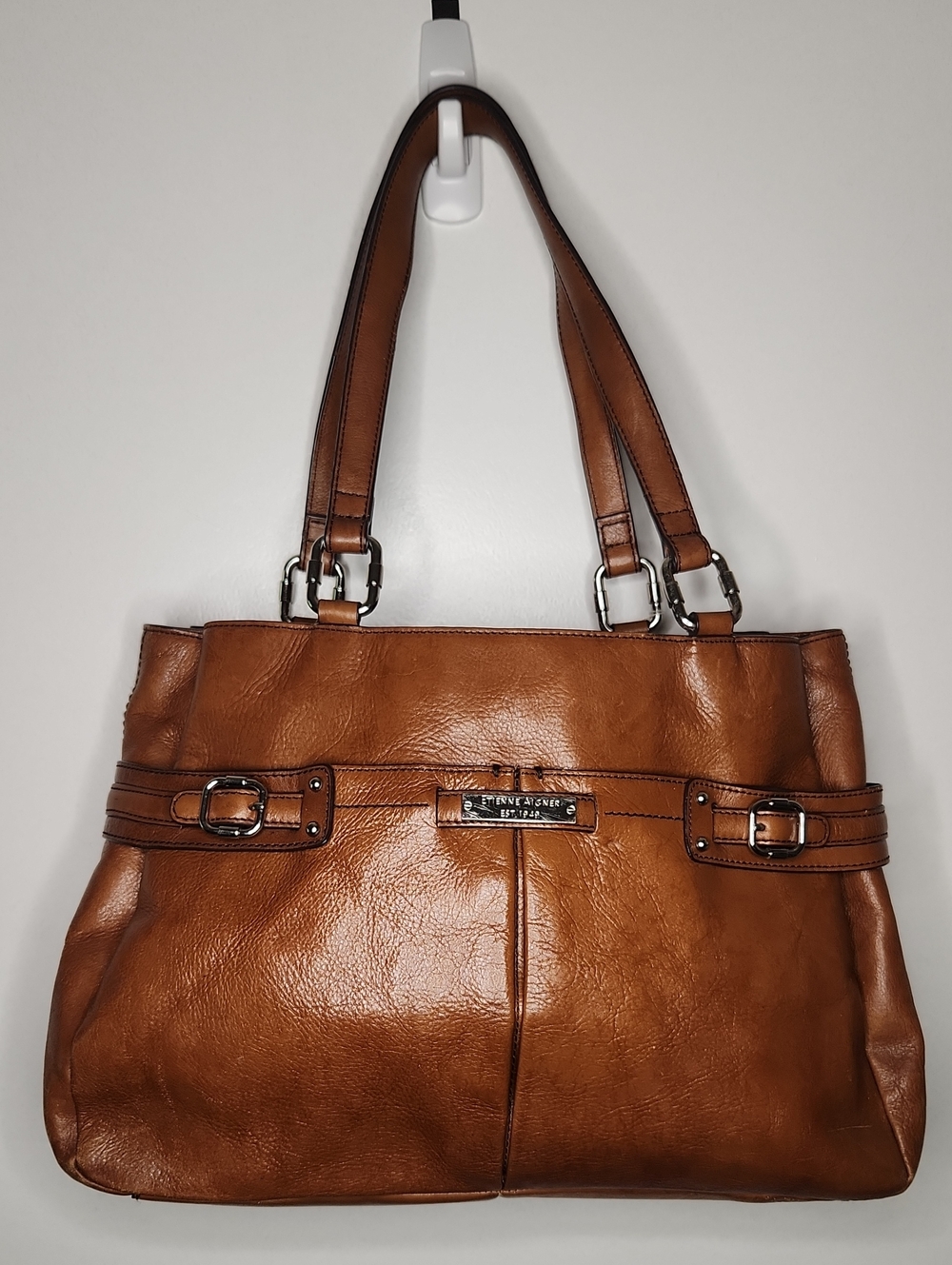 Etienne Aigner cognac leather/silver XL shoulder satchel. Preloved sold as is